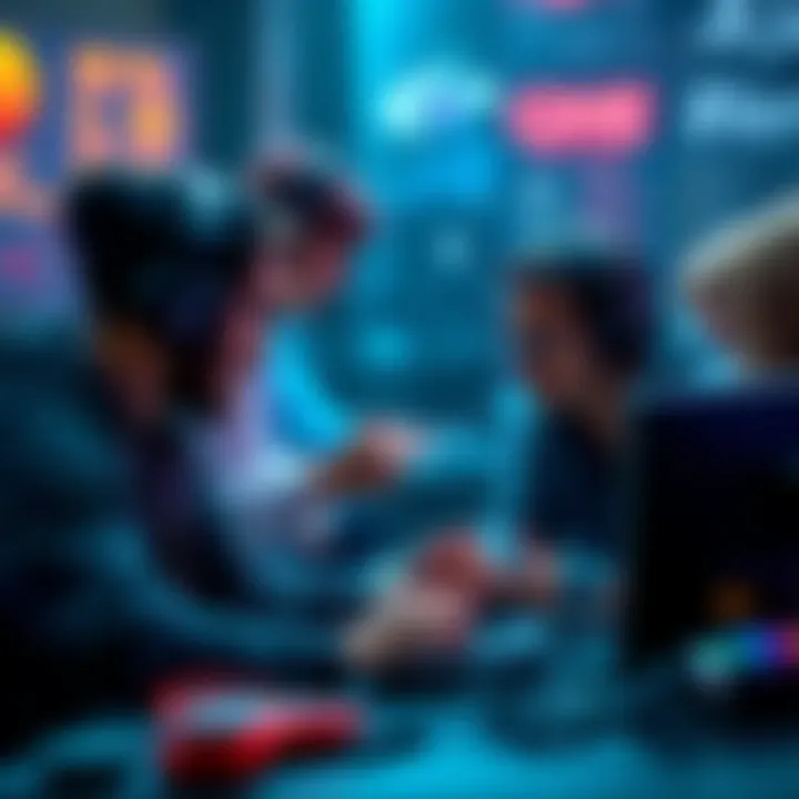 A group of game developers collaborates with coders, brainstorming ideas and sharing concepts for future projects.