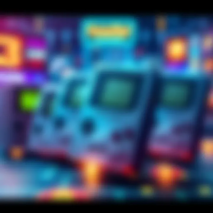 Illustration of Gameboy cartridges represented as digital tokens on a blockchain, highlighting a futuristic gaming market