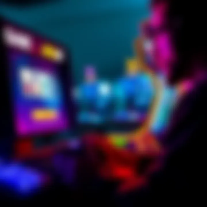 A gamer looking at a screen while redownloading an arcade game, showing game icons and loading bar.
