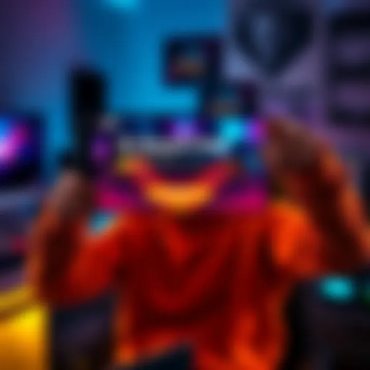 A gamer proudly displays their screen showing completion of a season pass, with joyful expression and gaming setup in the background.