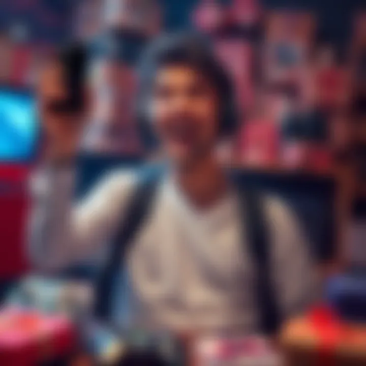 A joyful gamer holding a new iPhone, surrounded by game-related items and almost 1,000 parcels in the background.