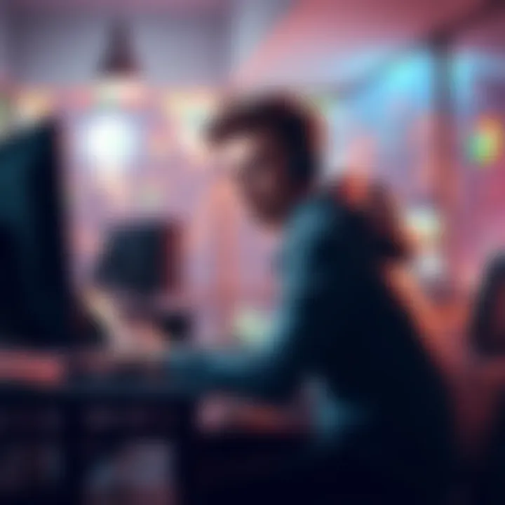 Gamer calculating monthly earnings A gamer sitting at a desk with a computer, calculating income from parcels in a gaming environment, showing a look of concentration.