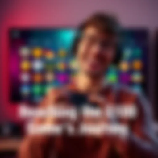 A gamer with a big smile holding a controller, showing off a badge collection on the screen behind them.