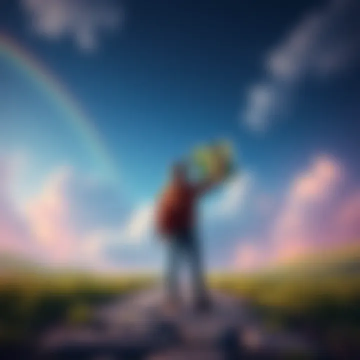 A gamer stands at a crossroads, contemplating whether to save for a badge or buy more plots of land in their game. They hold a badge in one hand and a map showing available plots in the other.