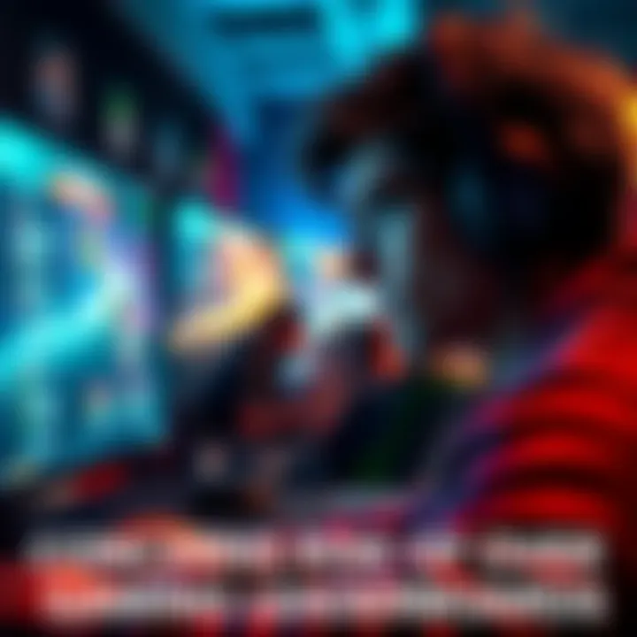 A gamer looking at a computer screen with a game leaderboard, raising a brow with concern over fairness, while other players discuss in the background.