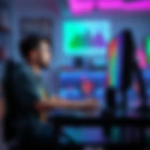 A gamer sitting at a desk, staring at a computer screen with confused expression, colors on the screen appearing distorted, indicating red/green colorblindness.