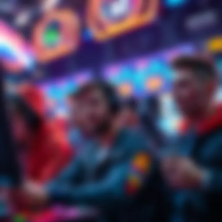 A group of gamers discussing payout issues, displaying concern over reward system flaws during an Arcade Event, with gaming gear and colorful screens in the background.