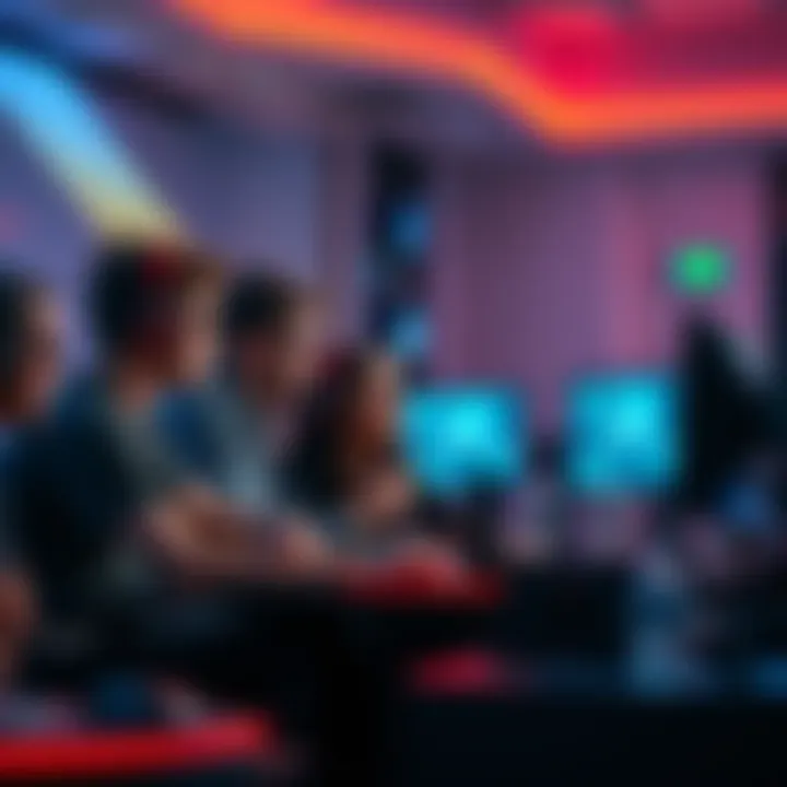 A group of gamers discussing AB amounts and arcade boosts, sharing insights at a gaming setup.
