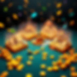 Gaming plots and coins An illustration of four game plots with coins scattered on them, representing money-making opportunities in a new game environment.