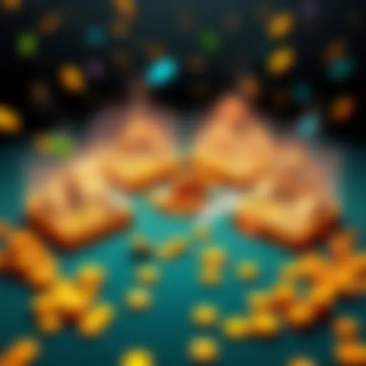 Gaming plots and coins An illustration of four game plots with coins scattered on them, representing money-making opportunities in a new game environment.