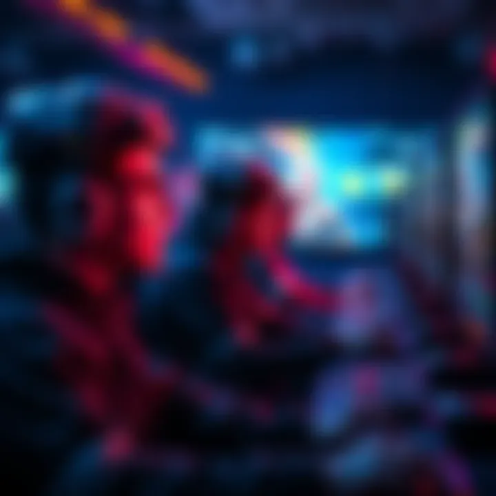 Gamers focused on screens during a long gaming session, with intense gameplay and unusual profiles in the background