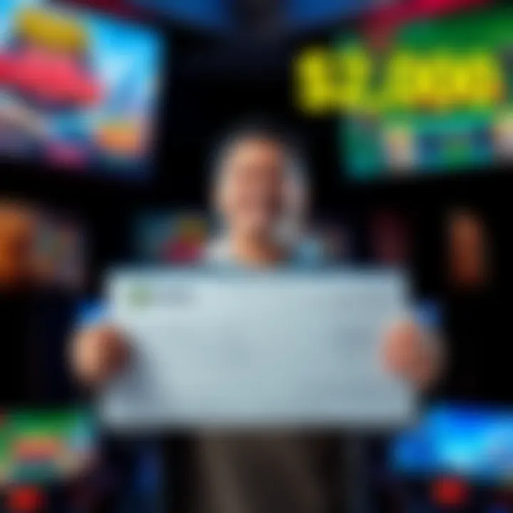 A person celebrates their success with a big smile, holding a check for $2,000. Around them are colorful game graphics and ads, emphasizing the gaming community vibe.