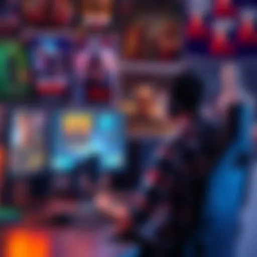 An 18-year-old sitting at a gaming setup, focused on a screen with gaming icons, surrounded by posters of sci-fi movies and crime books, looking for a friend to connect with.