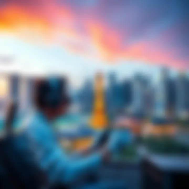 A gamer comparing the gaming environments of Singapore and Los Angeles, with a city skyline in the background.