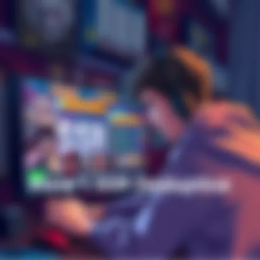 A gamer looking frustrated while playing, staring at a screen showing low SSR drop rates, surrounded by game characters and posters.