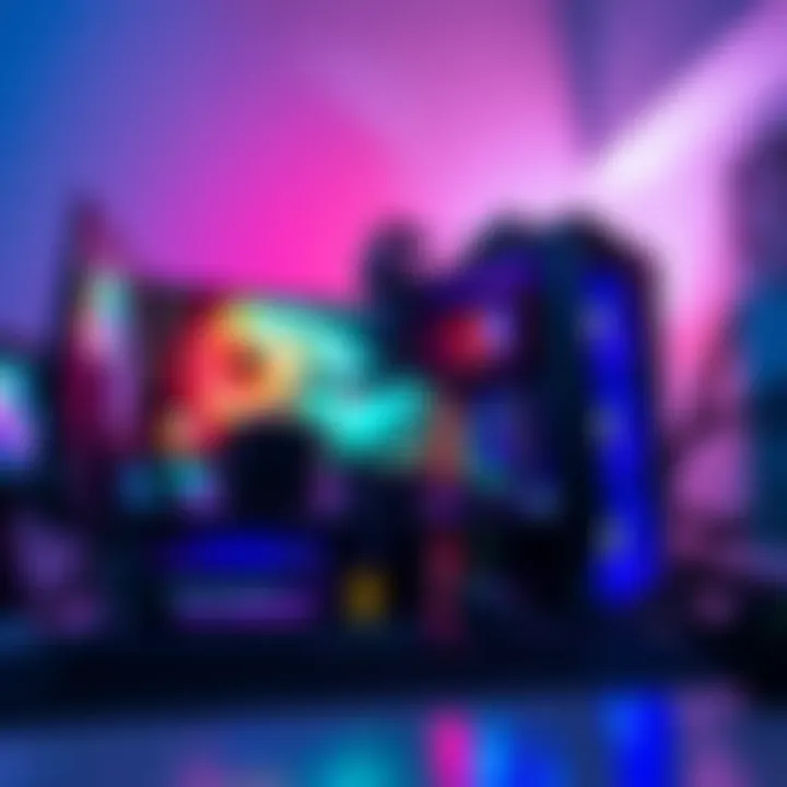 A high-performance gaming PC with RGB lighting, multiple monitors, and gaming accessories