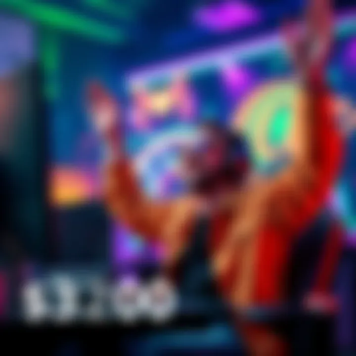 A gamer celebrating their success with a gaming setup, showing excitement over turning $200 into a profit.