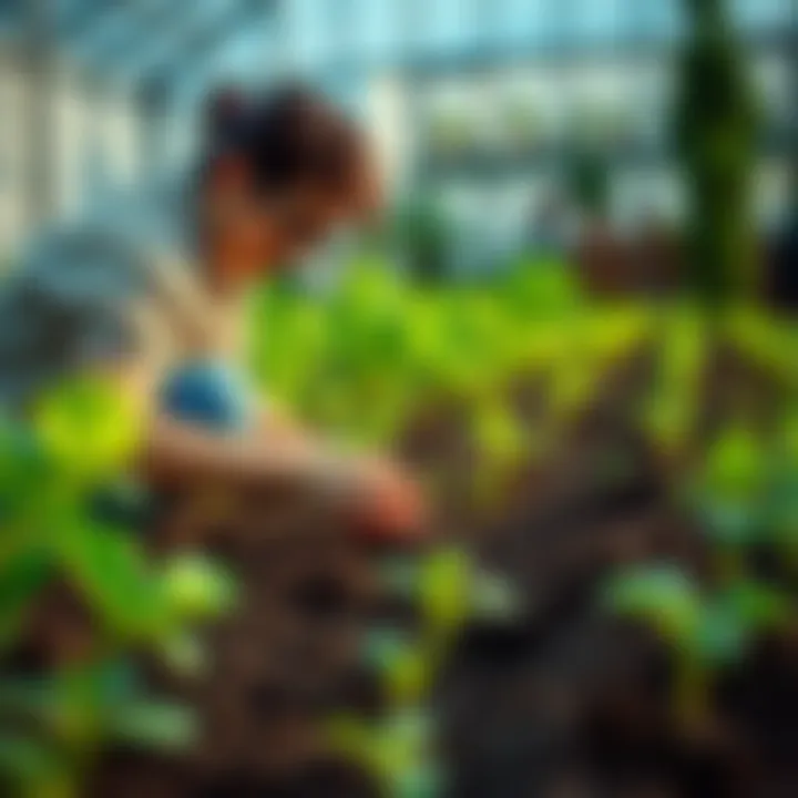 A person tending to a vegetable garden, planting seeds in rich soil, surrounded by green plants and a calm environment.