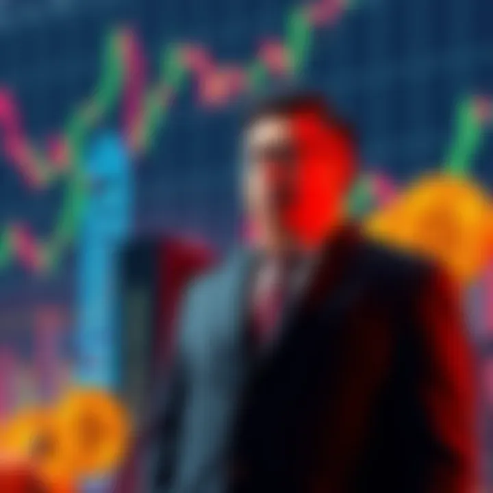 Garret Jin, Trump insider, standing next to Bitcoin and Ethereum symbols with a financial chart in the background showing market fluctuations.