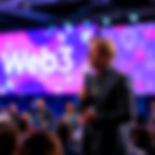 Gavin Wood speaking on stage at a Web3 keynote event about Polkadot and decentralized technology