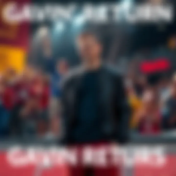 Gavin stands confidently with fans cheering in the background, showcasing a lively atmosphere.