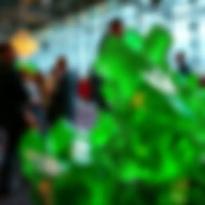 A close-up view of the bright green Gemerald, showcasing its shiny surface and unique crystal structure with people discussing it in the background.