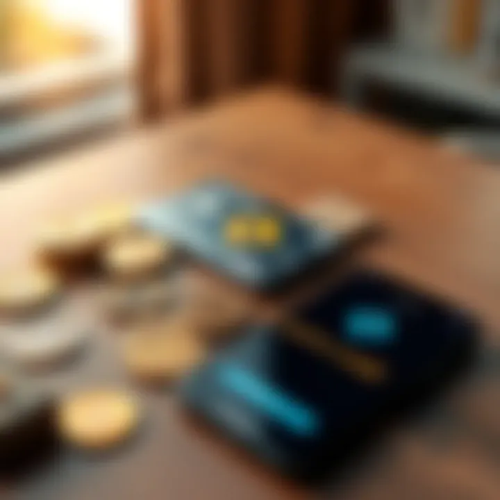 A close-up of the Gemini Credit Card placed on a wooden table surrounded by crypto coins and a smartphone displaying the app