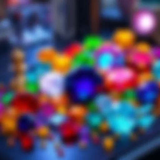 Various colorful gems won from Stellar Nights events displayed on a table, symbolizing rewards and future use.