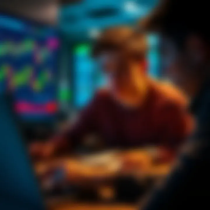 A young person looking at stock market graphs on a laptop, with confused expressions showcasing the challenges of trading strategies.