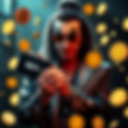 Gene Simmons, the KISS bassist, shown holding a digital currency wallet, surrounded by cryptocurrency symbols.