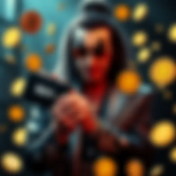 Gene Simmons, the KISS bassist, shown holding a digital currency wallet, surrounded by cryptocurrency symbols.