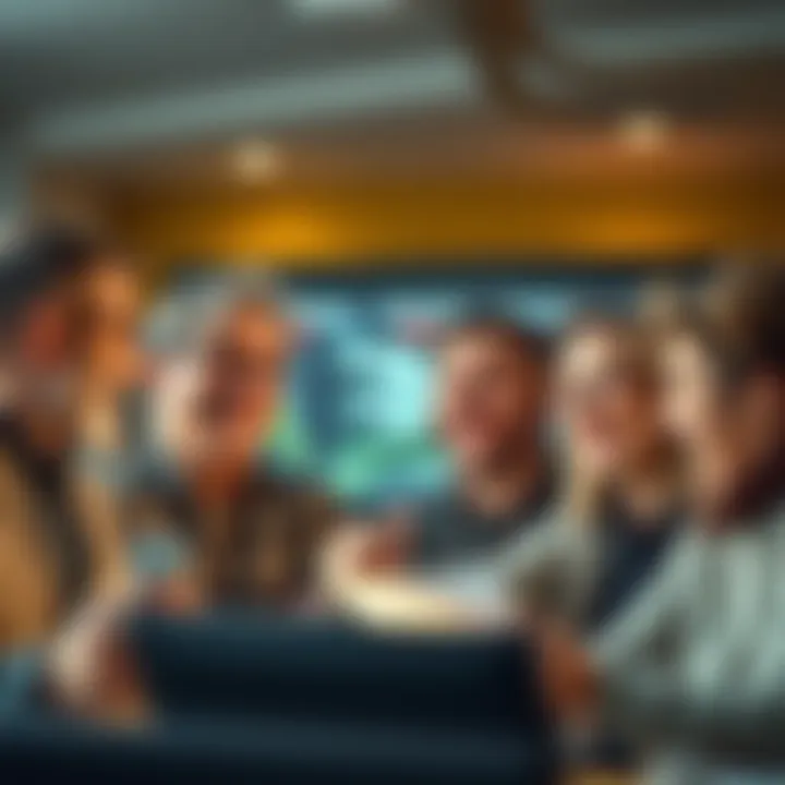 A group of people of different ages laughing together while discussing Buttcoin on a forum, representing generational differences in humor.