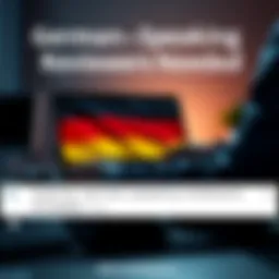 A graphic showing a person reviewing software on a laptop with a German flag on the screen.