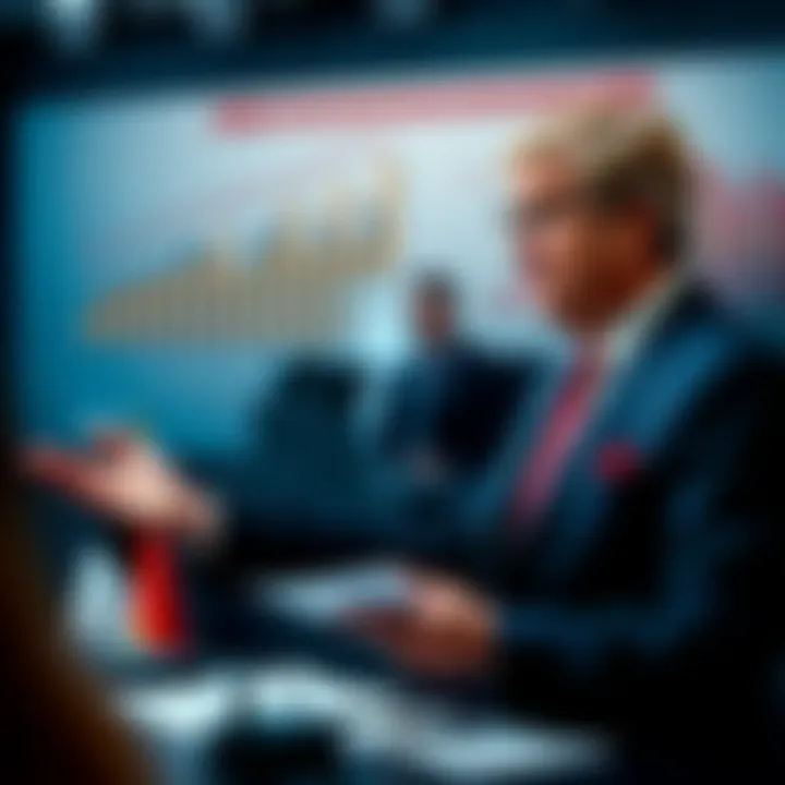 Germany's finance minister discussing proposed changes to cryptocurrency taxation at a news conference, with charts and documents in the background.
