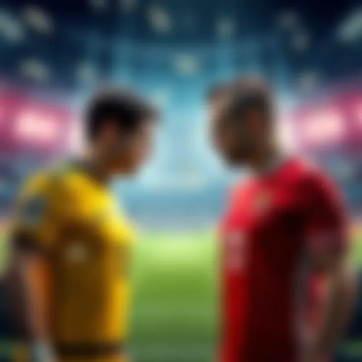 A soccer match scene featuring Germany and Ecuador players confronting each other on the field, with a backdrop of betting odds and money symbols.