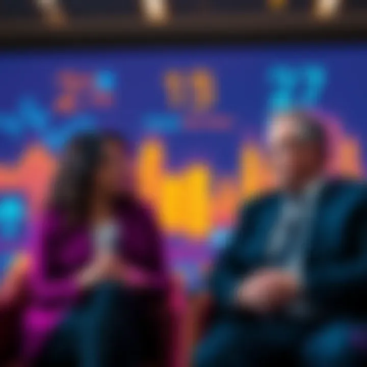 Isadora Arredondo and John Kikko discussing digital finance at the GFTN Forum, with a backdrop showing financial technology graphics.