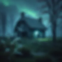 A spooky cottage appears in a rural area, surrounded by trees and tall grass, making it look mysterious.