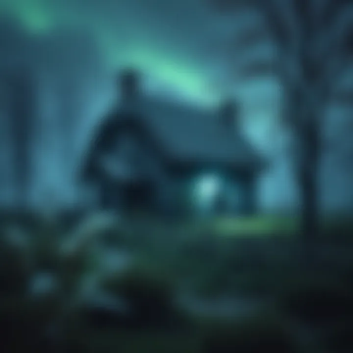 A spooky cottage appears in a rural area, surrounded by trees and tall grass, making it look mysterious.