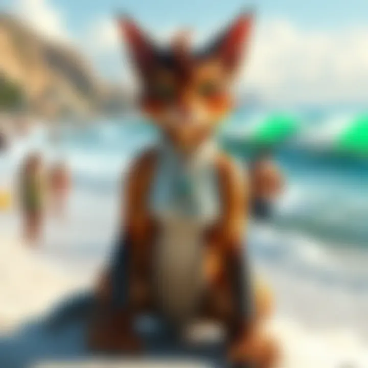 Giantess DragonCat at the Beach Giantess DragonCat enjoying the sun on the beach, surrounded by waves and beachgoers.