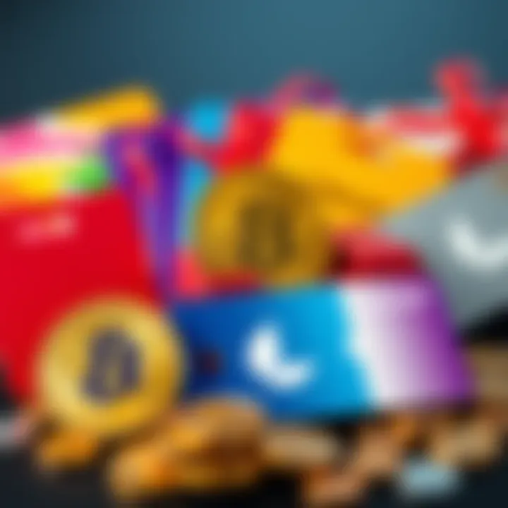 A selection of colorful gift cards displayed alongside Litecoin cryptocurrency symbols, representing alternative payment methods.