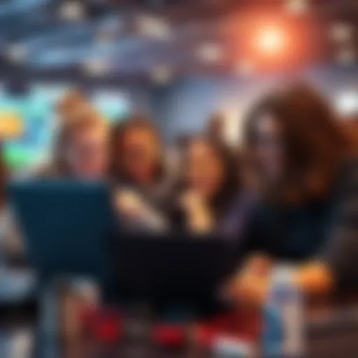 A group of diverse girls collaborating on a laptop at a hackathon, brainstorming ideas and coding together.