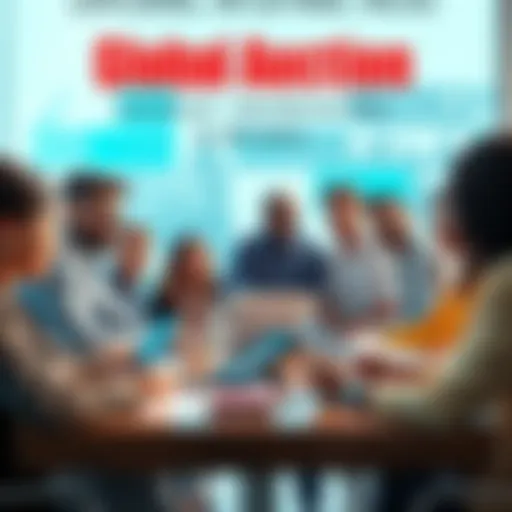 A diverse group of people discussing international auction plans for bid tokens around a table with laptops and documents