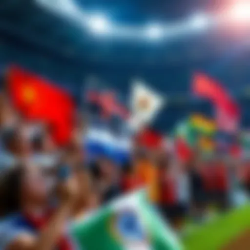 Fans from various nations cheer and hold flags during the opening match of a major international soccer tournament.