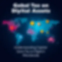 A world map with icons representing cryptocurrencies and tax symbols from various countries