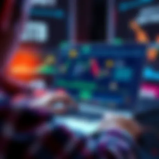 A person reviewing GnoSwap staking options on a laptop with charts and crypto symbols visible on the screen