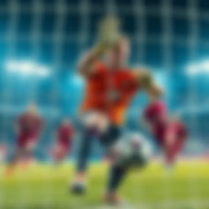 A soccer goalkeeper making a save during a game, surrounded by players on the field.