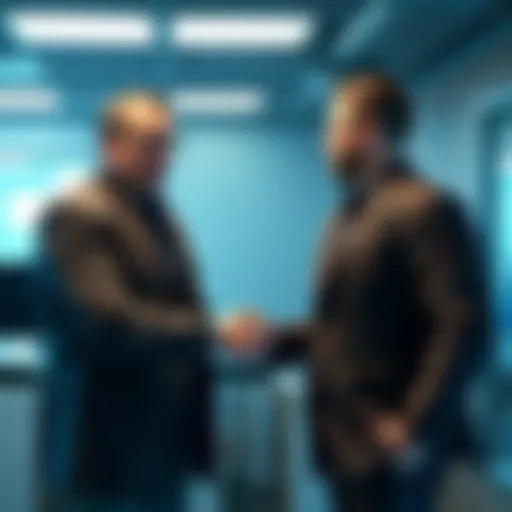 God Damn Right and Walt share a handshake in an office setting, representing their connection to Gray Matter Technologies.