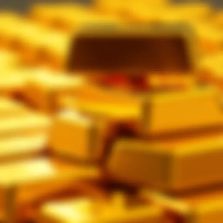 A close-up view of shiny gold bars stacked together, reflecting light, symbolizing rising gold prices.