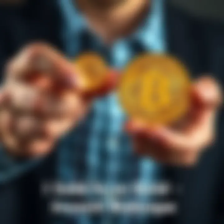 A person holds gold coins in one hand and a Bitcoin symbol in the other, showing their investment decision.
