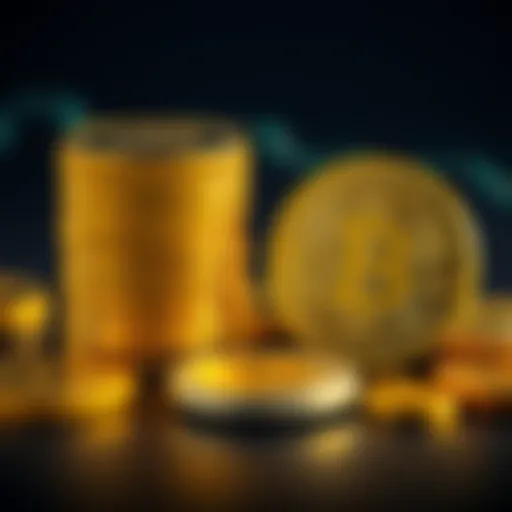 A stack of gold coins beside a Bitcoin symbol, symbolizing the trade between gold and cryptocurrency